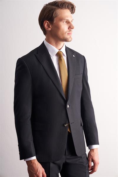 Lacivert Kırlangıç Yaka Çizgili Desen Slim Fit 6 Drop Takım Elbise 1001255166