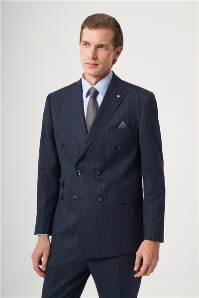 Lacivert-Mavi Kırlangıç Yaka Çizgili Kruvaze 6 Drop Slim Fit Tam Astar Esnek Takım Elbise 1001260286