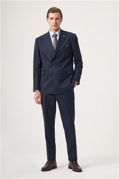 Lacivert-Mavi Kırlangıç Yaka Çizgili Kruvaze 6 Drop Slim Fit Tam Astar Esnek Takım Elbise 1001260286
