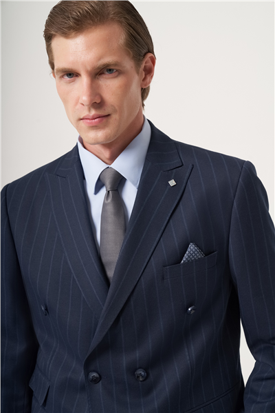 Lacivert-Mavi Kırlangıç Yaka Çizgili Kruvaze 6 Drop Slim Fit Tam Astar Esnek Takım Elbise 1001260286