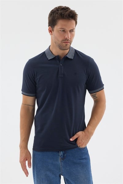 Lacivert-Mavi Polo Yaka Pike Kısa Kol Slim Fit %100 Pamuk Tişört 1011260171