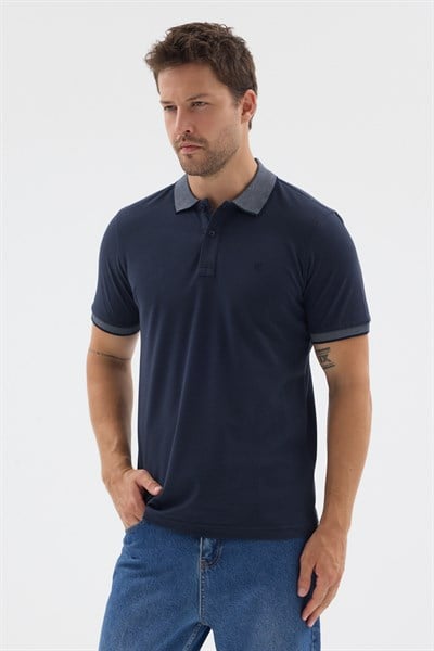Lacivert-Mavi Polo Yaka Pike Kısa Kol Slim Fit %100 Pamuk Tişört 1011260171