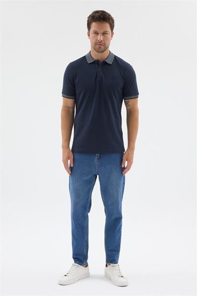 Lacivert-Mavi Polo Yaka Pike Kısa Kol Slim Fit %100 Pamuk Tişört 1011260171