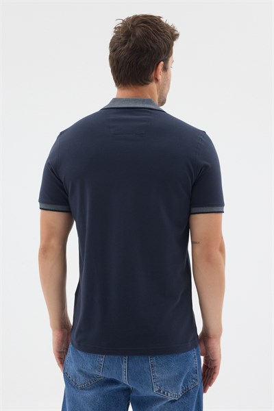 Lacivert-Mavi Polo Yaka Pike Kısa Kol Slim Fit %100 Pamuk Tişört 1011260171