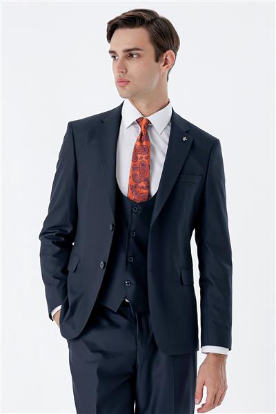 Lacivert Mono Yaka Çift Yırtmaç Yelekli 6 Drop Slim Fit Dar Kesim Basic Takım Elbise 1001240186