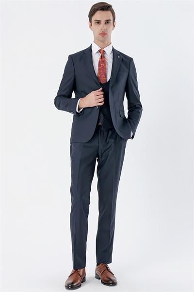 Lacivert Mono Yaka Çift Yırtmaç Yelekli 6 Drop Slim Fit Dar Kesim Basic Takım Elbise 1001245186