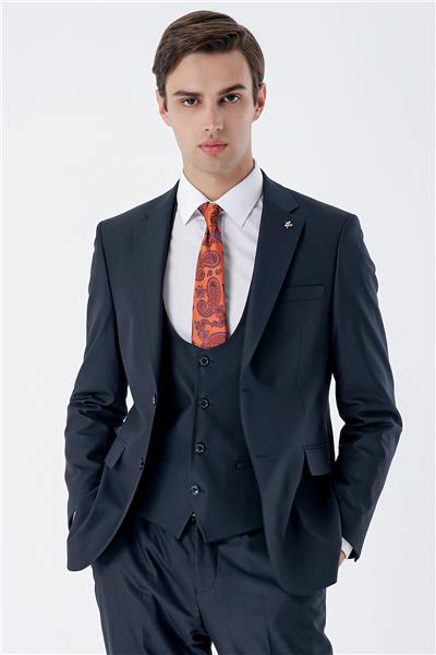 Lacivert Mono Yaka Çift Yırtmaç Yelekli 6 Drop Slim Fit Dar Kesim Basic Takım Elbise 1001240186