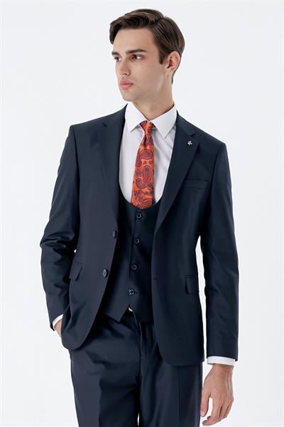 Lacivert Mono Yaka Çift Yırtmaç Yelekli 6 Drop Slim Fit Dar Kesim Basic Takım Elbise 1001245186