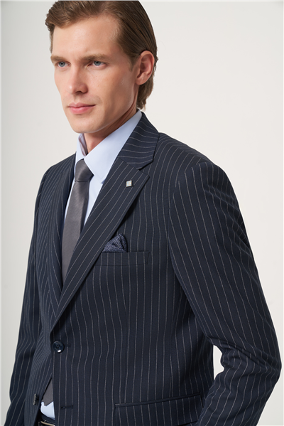 Lacivert Mono Yaka Çizgili 6 Drop Slim Fit Tam Astar Esnek Takım Elbise 1001260149