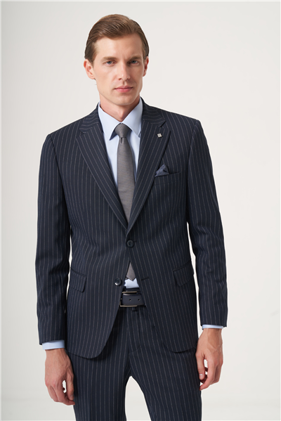 Lacivert Mono Yaka Çizgili 6 Drop Slim Fit Tam Astar Esnek Takım Elbise 1001260149