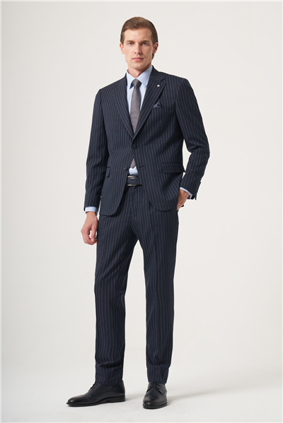 Lacivert Mono Yaka Çizgili 6 Drop Slim Fit Tam Astar Esnek Takım Elbise 1001260149