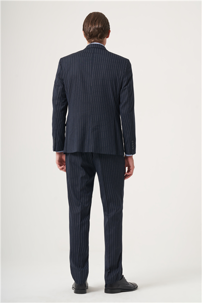 Lacivert Mono Yaka Çizgili 6 Drop Slim Fit Tam Astar Esnek Takım Elbise 1001260149