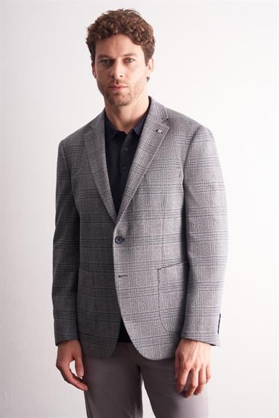 Lacivert Mono Yaka Ekose Desen Pamuklu 6 Drop Comfort Fit Classic Ceket 1002255152