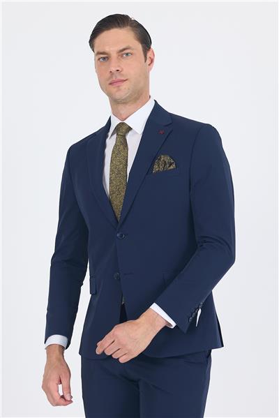 Lacivert Mono Yaka Yarım Astar 6 Drop Slim Fit   Beli Lastikli Takım Elbise 1001250121