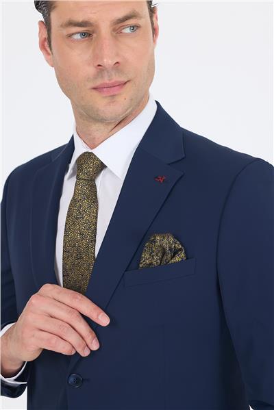 Lacivert Mono Yaka Yarım Astar 6 Drop Slim Fit   Beli Lastikli Takım Elbise 1001250121