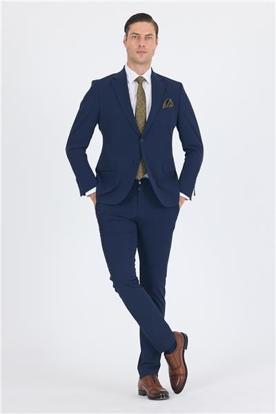 Lacivert Mono Yaka Yarım Astar 6 Drop Slim Fit   Beli Lastikli Takım Elbise 1001250121