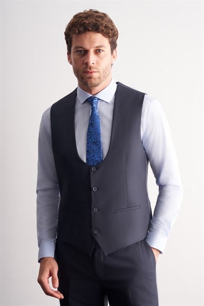 Lacivert Mono Yaka Yelekli 6 Drop Slim Fit Tam Astar Esnek Takım Elbise 1001260186