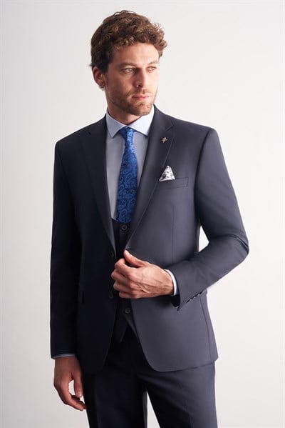 Lacivert Mono Yaka Yelekli 6 Drop Slim Fit Tam Astar Esnek Takım Elbise 1001260186