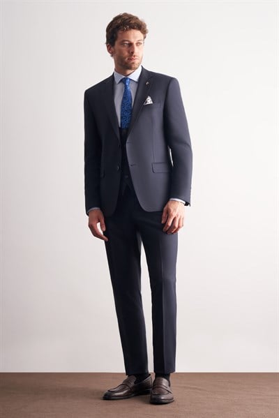 Lacivert Mono Yaka Yelekli 6 Drop Slim Fit Tam Astar Esnek Takım Elbise 1001260186