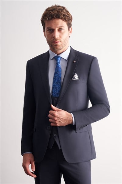 Lacivert Mono Yaka Yelekli 6 Drop Slim Fit Tam Astar Esnek Takım Elbise 1001260186