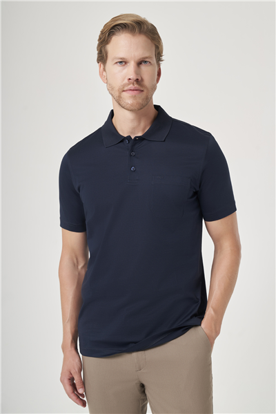 Lacivert Polo Yaka Kısa Kol Cepli Comfort Fit %100 Pamuk Tişört 1011260163
