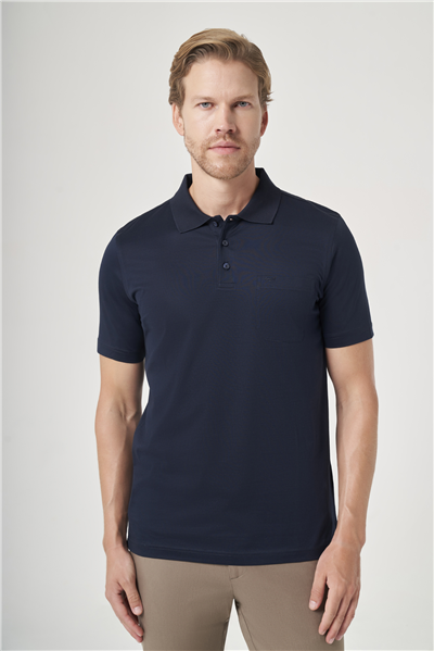 Lacivert Polo Yaka Kısa Kol Cepli Comfort Fit %100 Pamuk Tişört 1011260163