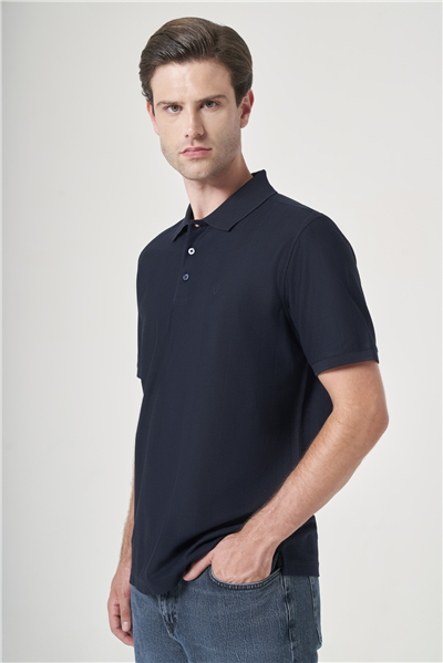 Lacivert Polo Yaka Kısa Kol Cepsiz Comfort Fit %100 Pamuk Tişört 1011260162