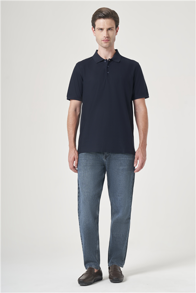 Lacivert Polo Yaka Kısa Kol Cepsiz Comfort Fit %100 Pamuk Tişört 1011260162