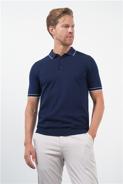 Lacivert Polo Yaka Kısa Kol Örme Comfort Fit %100 Pamuk Kazak 1012260151
