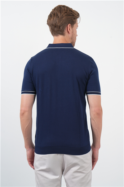 Lacivert Polo Yaka Kısa Kol Örme Comfort Fit %100 Pamuk Kazak 1012260151