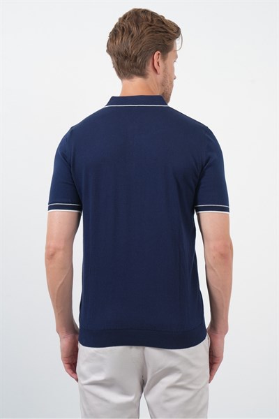 Lacivert Polo Yaka Kısa Kol Örme Comfort Fit %100 Pamuk Kazak 1012260151