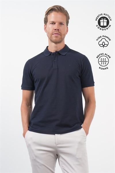 Lacivert Polo Yaka Pike Kısa Kol Slim Fit Pamuklu Tişört 1011260170