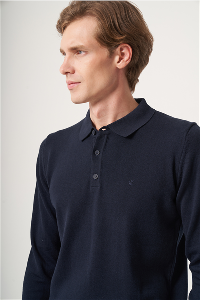 Lacivert Polo Yaka Uzun Kol Örme Comfort Fit Pamuklu Kazak 1012265007
