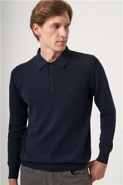 Lacivert Polo Yaka Uzun Kol Örme Comfort Fit Pamuklu Kazak 1012265150