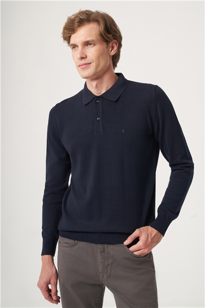 Lacivert Polo Yaka Uzun Kol Örme Comfort Fit Pamuklu Kazak 1012265150