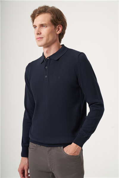 Lacivert Polo Yaka Uzun Kol Örme Comfort Fit Pamuklu Kazak 1012265007