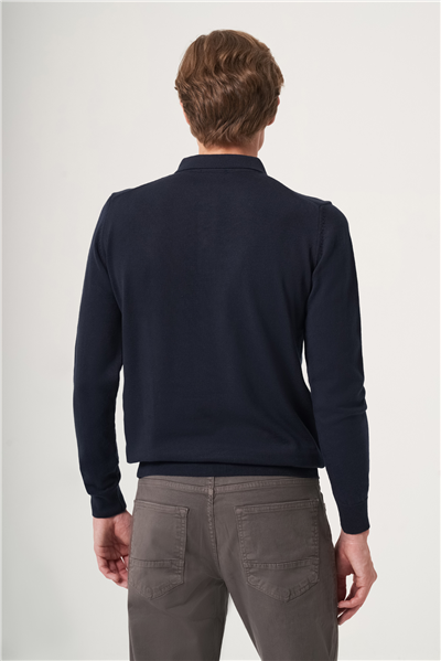 Lacivert Polo Yaka Uzun Kol Örme Comfort Fit Pamuklu Kazak 1012265150