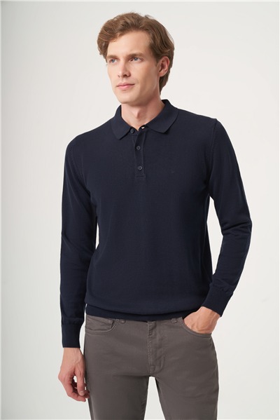 Lacivert Polo Yaka Uzun Kol Örme Comfort Fit Pamuklu Kazak 1012265007