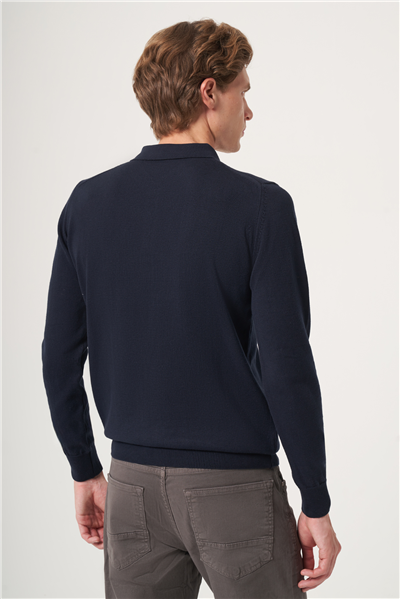 Lacivert Polo Yaka Uzun Kol Örme Comfort Fit Pamuklu Kazak 1012265007