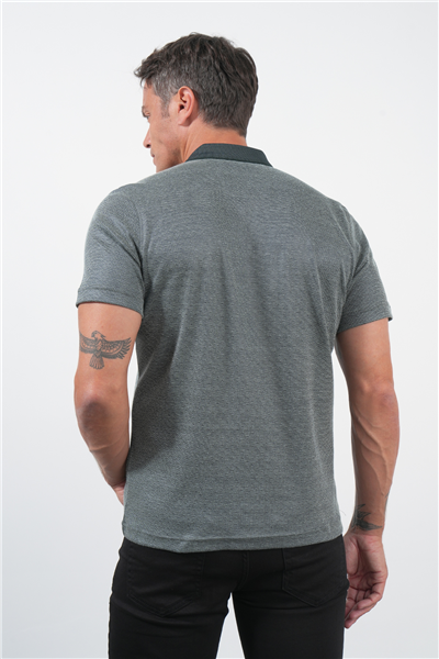Lacivert-S.Yeşil Kendinden Desenli Polo Yaka Kısa Kol Cepli Comfort Fit Pamuklu Tişört 1011260152