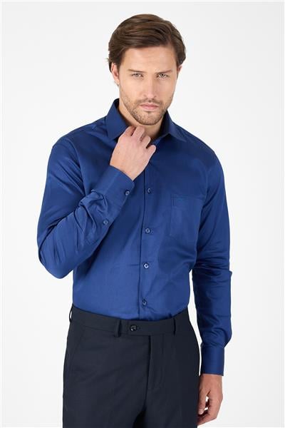 Lacivert Sert Yaka Düz Classic %100 Pamuk Comfort Fit Gömlek 1004250323