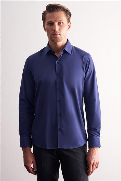 Lacivert Sert Yaka Filafil Desen Uzun Kol Slim Fit Pamuklu Gömlek 1004255181