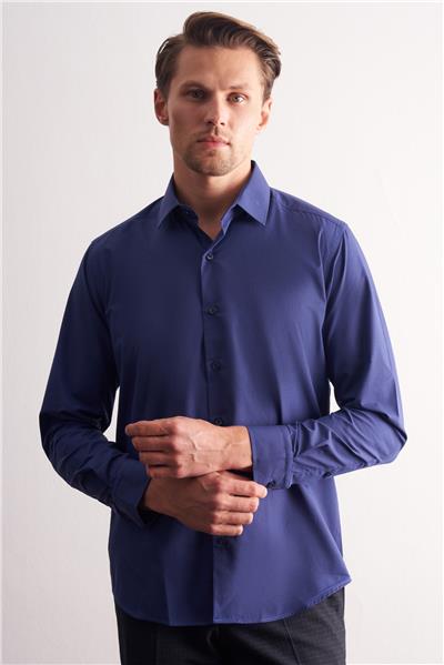 Lacivert Sert Yaka Filafil Desen Uzun Kol Slim Fit Pamuklu Gömlek 1004255181