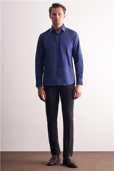Lacivert Sert Yaka Filafil Desen Uzun Kol Slim Fit Pamuklu Gömlek 1004255181
