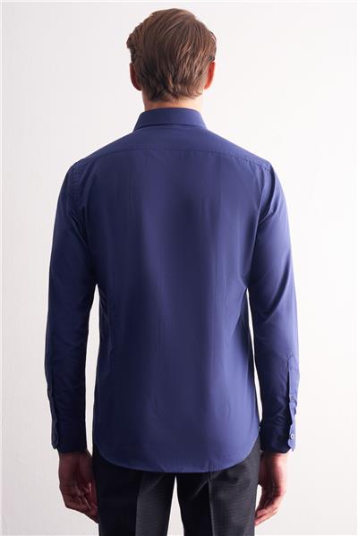 Lacivert Sert Yaka Filafil Desen Uzun Kol Slim Fit Pamuklu Gömlek 1004255181