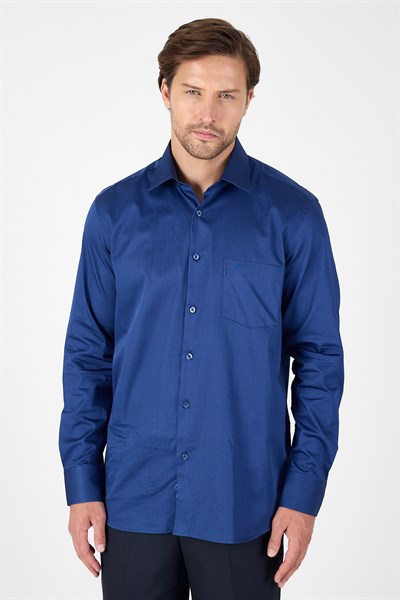 Lacivert Sert Yaka Uzun Kol Cepli Comfort Fit %100 Pamuk Gömlek 1004260323