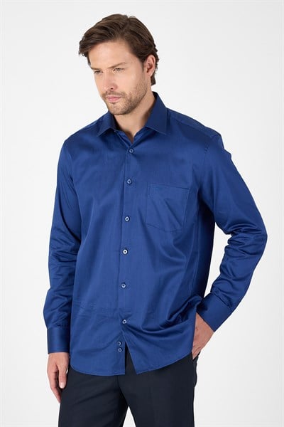Lacivert Sert Yaka Uzun Kol Cepli Comfort Fit %100 Pamuk Gömlek 1004260323