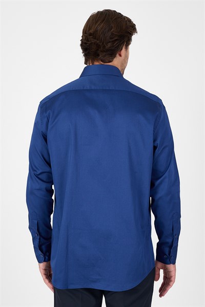 Lacivert Sert Yaka Uzun Kol Cepli Comfort Fit %100 Pamuk Gömlek 1004260323