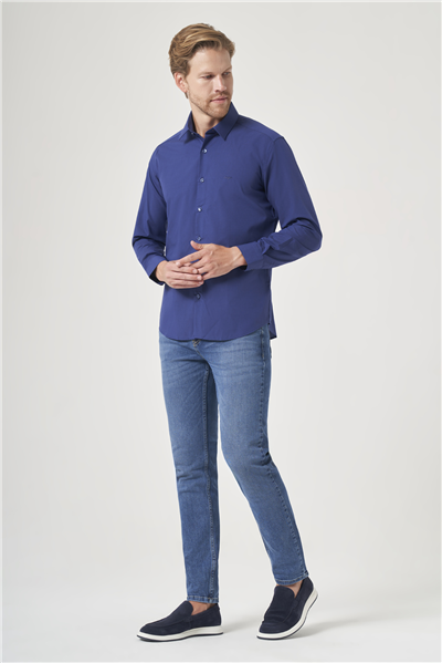 Lacivert Sert Yaka Uzun Kol Cepsiz Slim Fit Pamuklu Gömlek 1004260181