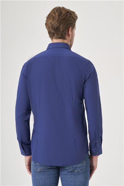 Lacivert Sert Yaka Uzun Kol Cepsiz Slim Fit Pamuklu Gömlek 1004260181